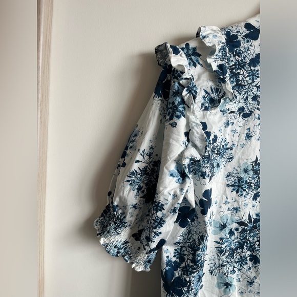 ERDEM X Universal Standard Blue and White Floral Poplin Ruffled Blouse - Picture 11 of 13